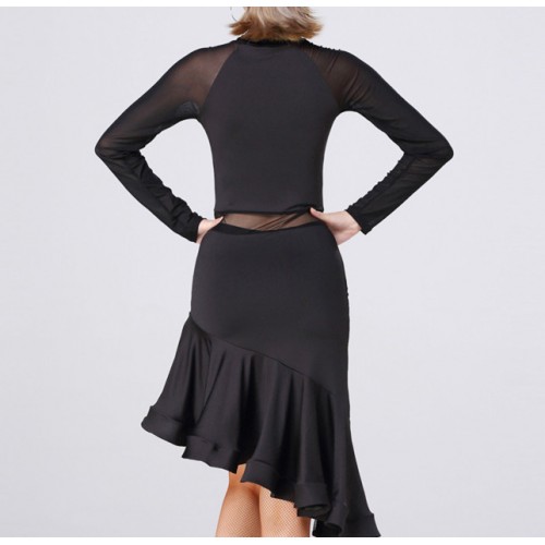 Black long sleeves tulle patchwork fashion women's female competition stage performance latin rumba salsa dance dresses